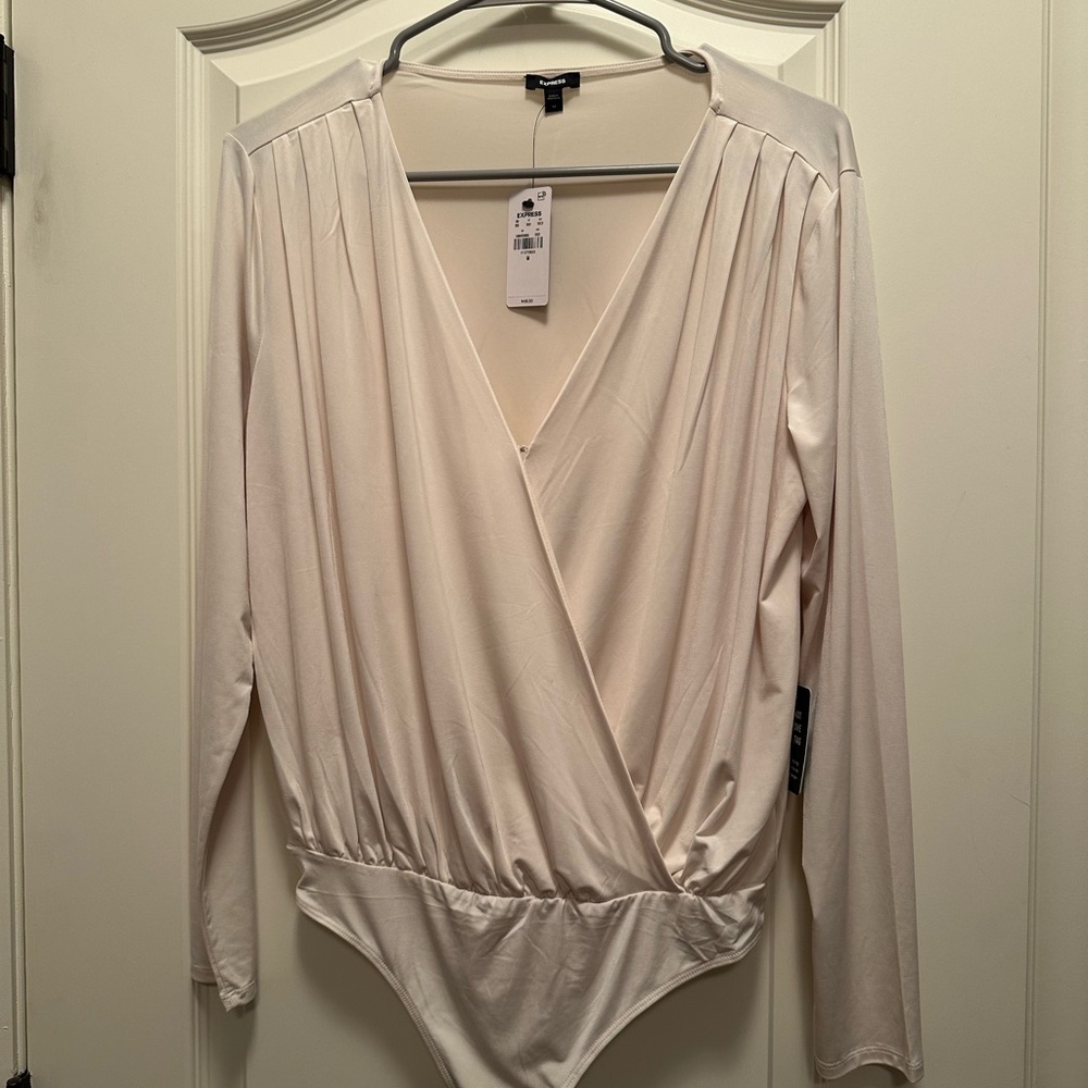Express - Ivory Long Sleeve Wrap Bodysuit